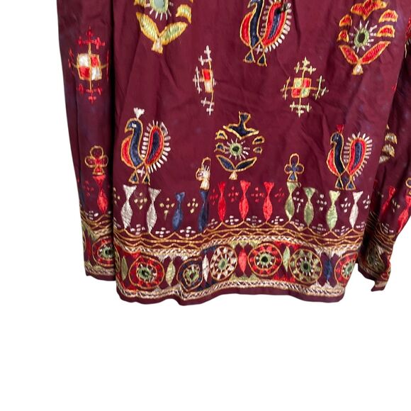 Women's One Size Maroon Embroidered Art To Wear Midi Drawstring Artsy Colorful - Picture 3 of 12